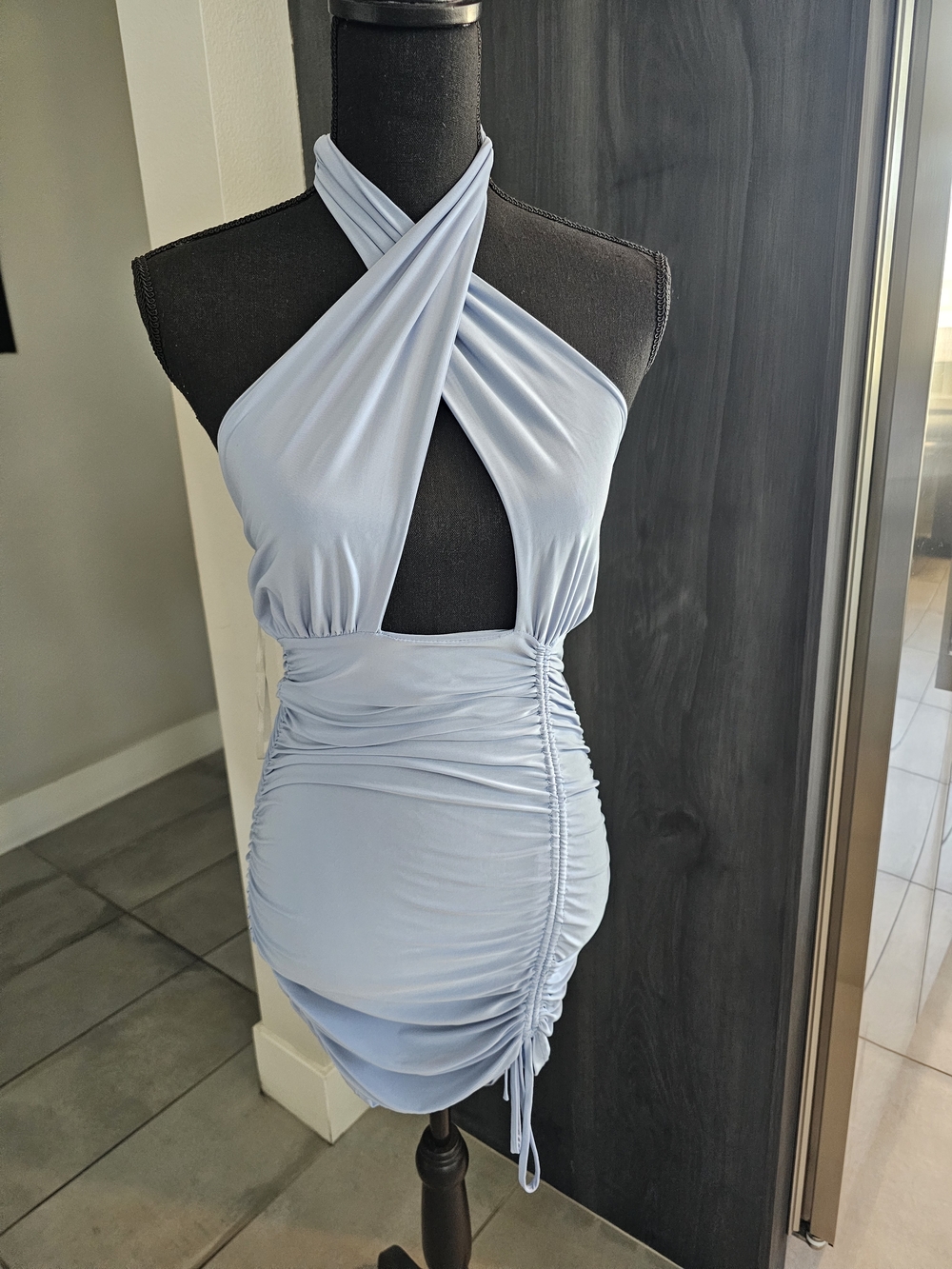 Light Blue Ruched Halter Bodycon Dress